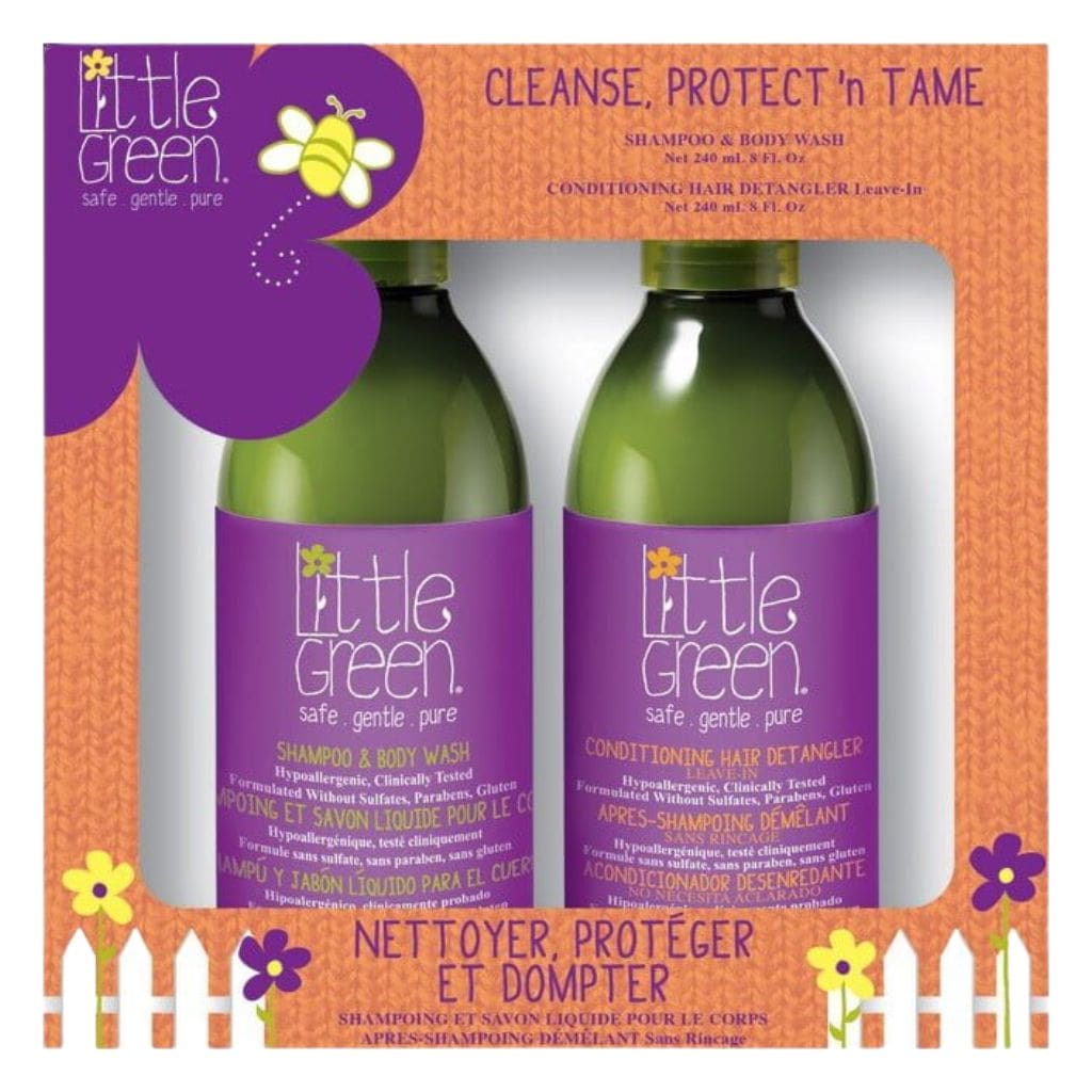 Rinkinys plaukų priežiūrai vaikams Little Green Cleanse, Protect’n Tame LGKCPT19, rinkinį sudaro_ plaukų šampūnas ir kūno prausiklis vaikams 240 ml ir nenuplaunama plaukų dulksna vaikams 240 ml-min Little Green rinkinys plaukų priežiūrai vaikams Cleanse, Protect and Tame LGKCPT19