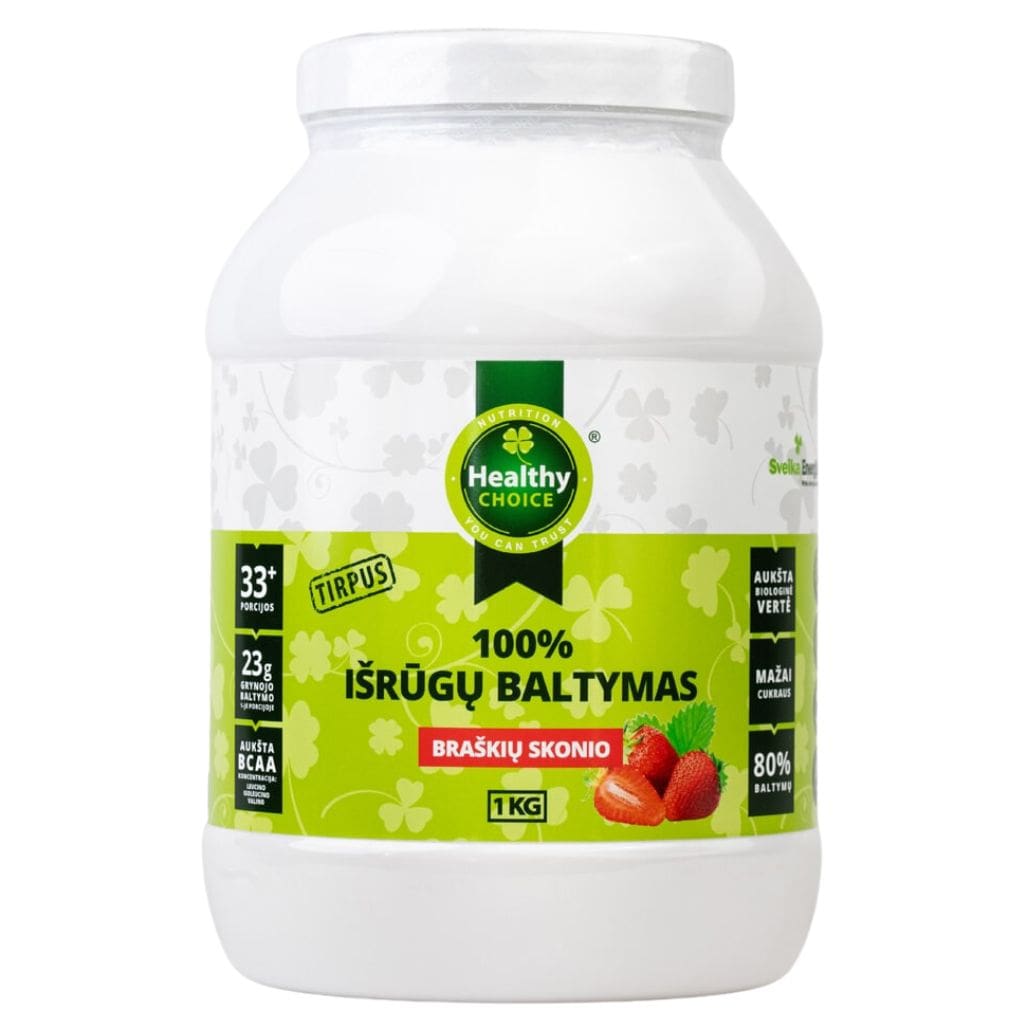 „Healthy Choice“ 100% išrūgų baltymai braškių skonio, 1kg-min Healthy Choice 100% išrūgų baltymai, braškių skonio, 1kg