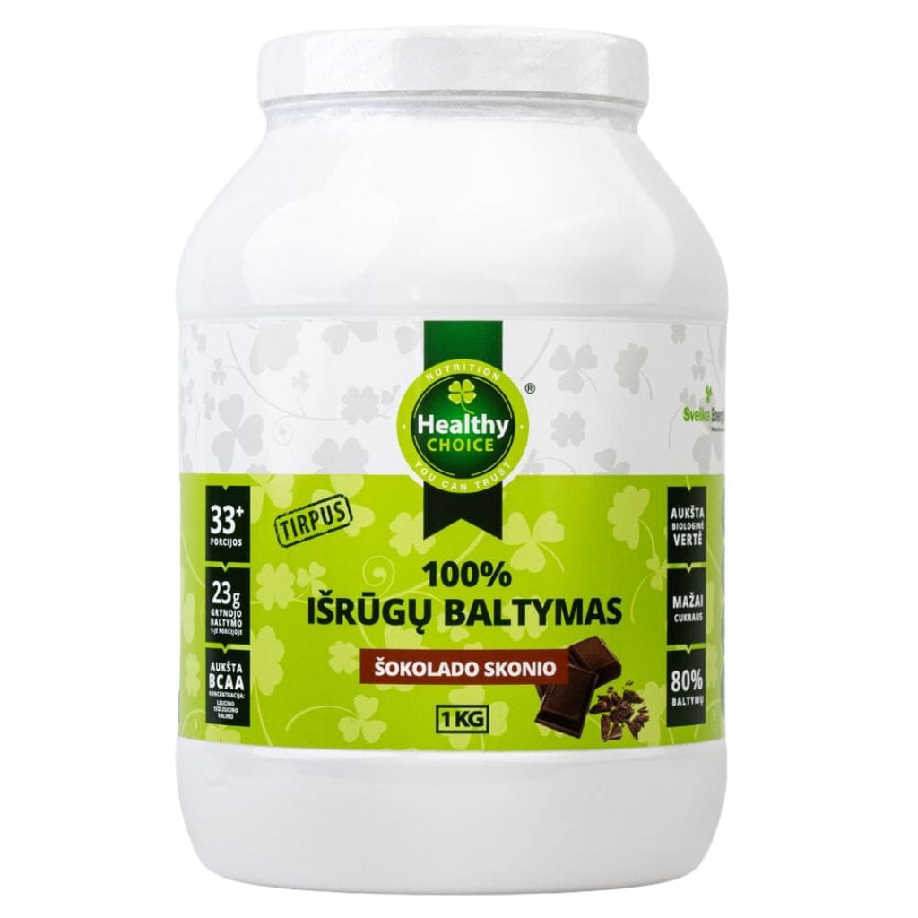 „Healthy Choice“ 100% išrūgų baltymai šokolado skonio, 1kg-min Healthy Choice 100% išrūgų baltymai, šokolado skonio, 1kg