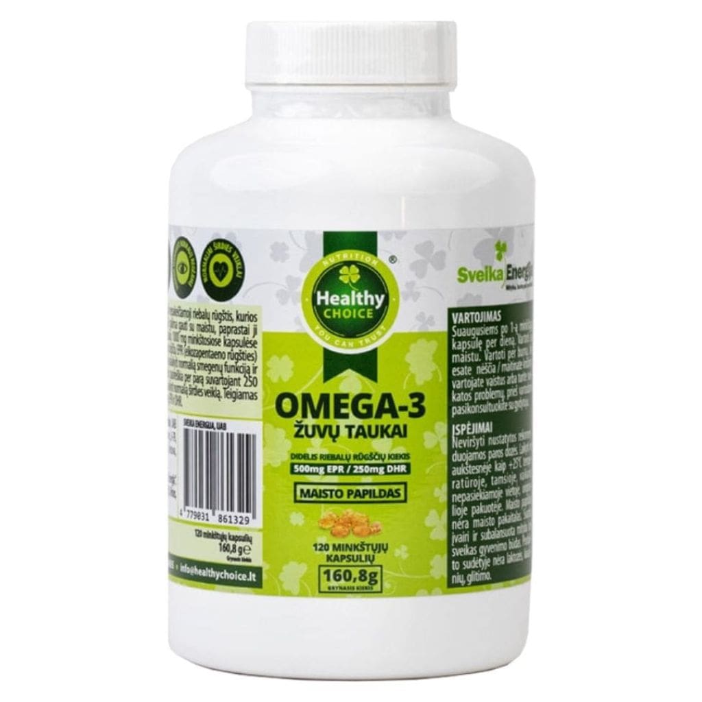 Omega-3 žuvų taukai “Healthy Choice” 120 kapsulių-min Omega-3 žuvų taukai "Healthy Choice" 120 kapsulių