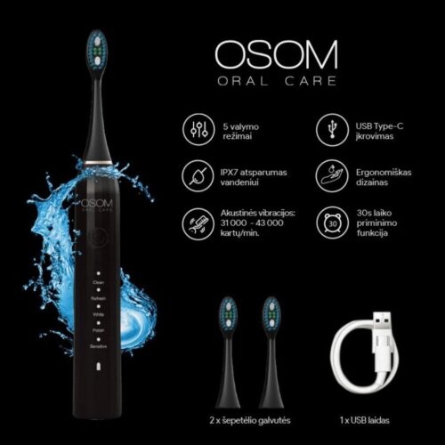 OSOM Oral Care įkraunamas, elektrinis, garsinis dantų šepetėlis Toothbrush Black OSOMORALM1BL, juodos spalvos (2)-min OSOM Oral Care įkraunamas, elektrinis, garsinis dantų šepetėlis Toothbrush Black OSOMORALM1BL, juodos spalvos