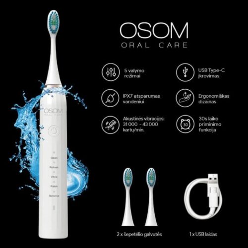OSOM Oral Care įkraunamas, elektrinis, garsinis dantų šepetėlis Toothbrush White OSOMORALM1WH, baltos spalvos (2)-min OSOM Oral Care įkraunamas, elektrinis, garsinis dantų šepetėlis Toothbrush White OSOMORALM1WH, baltos spalvos