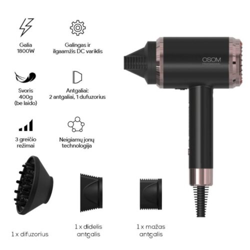 OSOM Professional plaukų džiovintuvas Black Hair Dryer OSOM6800BLHD, juodos spalvos, 1800W (7)-min OSOM Professional plaukų džiovintuvas Black Hair Dryer OSOM6800BLHD, juodos spalvos, 1800W