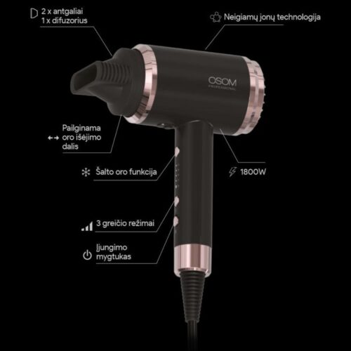 OSOM Professional plaukų džiovintuvas Black Hair Dryer OSOM6800BLHD, juodos spalvos, 1800W (8)-min OSOM Professional plaukų džiovintuvas Black Hair Dryer OSOM6800BLHD, juodos spalvos, 1800W
