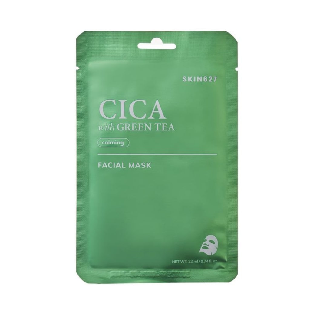 SKIN627 raminamoji lakštinė veido kaukė su cica ir žaliąja arbata, 22ml