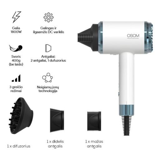 OSOM Professional plaukų džiovintuvas White Hair Dryer OSOM6800WHHD, baltos spalvos, 1800W (4)-min OSOM Professional plaukų džiovintuvas White Hair Dryer OSOM6800WHHD, baltos spalvos, 1800W