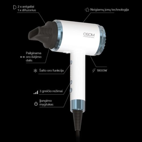 OSOM Professional plaukų džiovintuvas White Hair Dryer OSOM6800WHHD, baltos spalvos, 1800W (5)-min OSOM Professional plaukų džiovintuvas White Hair Dryer OSOM6800WHHD, baltos spalvos, 1800W
