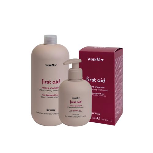 WondHer atstatomasis šampūnas pažeistiems plaukams FIRST AID RESCUE, 300ml WondHer atstatomoji fluidinė plaukų kaukė pažeistiems plaukams FIRST AID RECOVERY, 1000ml